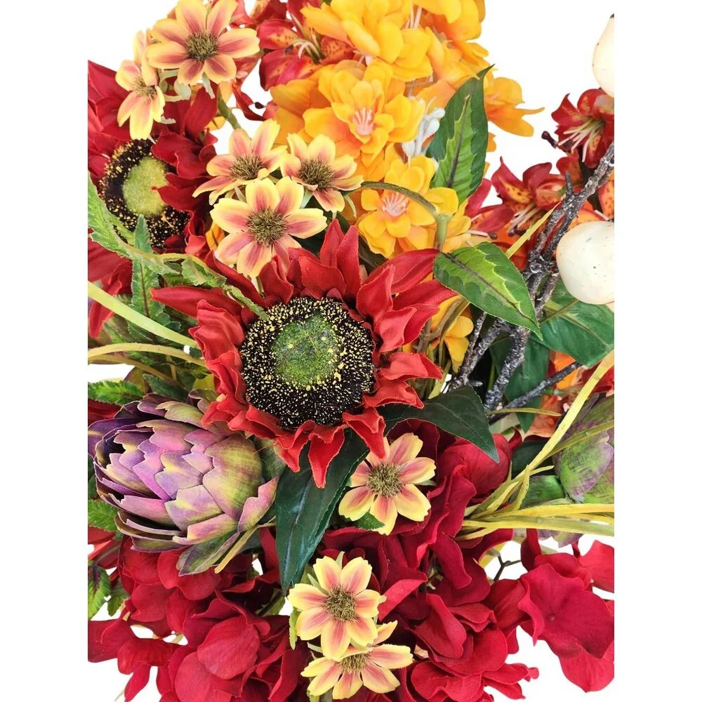 Artificial Floral Arrangement Bouquet - Fall Colors Red Yellow & Textured Accent